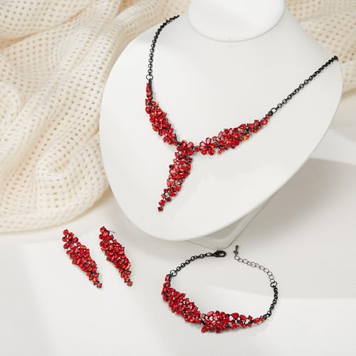 EleQueen Statement Sparkle Crystal Necklace Bracelet Dangle Earrings Set for Women, Art Deco Prom Chandelier Jewelry for Wedding Bridal - color: Red Black-Tone
