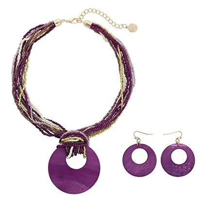 Coiris Multi Strand Statement Colorful Beaded Necklace with Big Circle Shell Pendant for Women - color: Purple