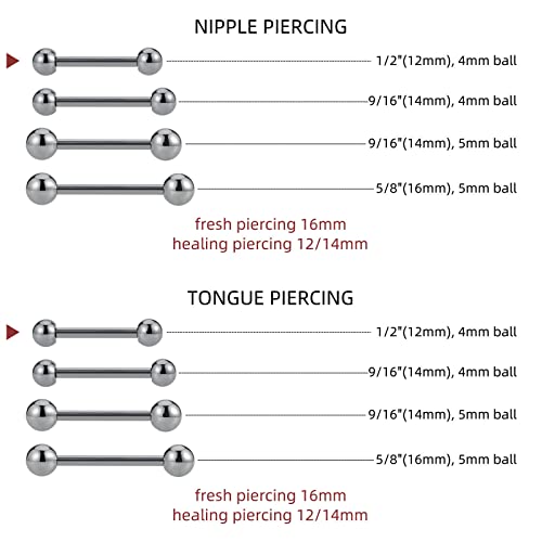14G ASTM F136 Titanium Straight Barbell Rings for Nipple/Tongue/Dimply/Industrial - Internally Threaded Hypoallergenic Body Piercing Jewelry Gift for Women & Men, Nickel Free, Lead-Free - color: 14G(1.6mm), 1/2"(12mm), 4mm top