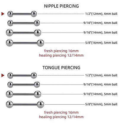 14G ASTM F136 Titanium Straight Barbell Rings for Nipple/Tongue/Dimply/Industrial - Internally Threaded Hypoallergenic Body Piercing Jewelry Gift for Women & Men, Nickel Free, Lead-Free - color: 14G(1.6mm), 1/2"(12mm), 4mm top