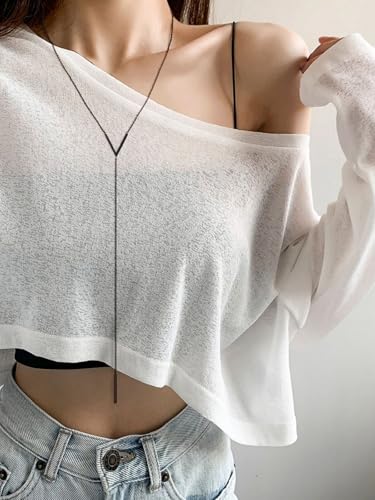 FOCALOOK Long Necklaces for Women, 14K Gold Plated Lariat Drop Bar Pendant | Hypoallergenic, 28"-30" Long Y-Shaped Chain, Layered Look, Minimalist Trendy Jewelry, Pairs Perfectly with V-Necklines - color: 02: V-Shape Black