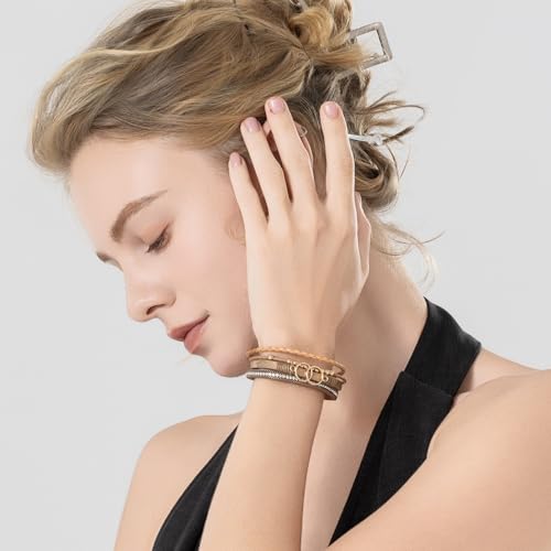 Chunky Boho Leather Wrap Bracelets Cowgirl Beaded Circle Western Jewelry | Stackable Infinity Layered Bohemian Magnetic Clasp Cuff Statement Fashion Colorful Country Hippie Outfits for Women Trendy - color: Brown