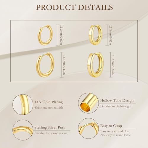 Huggie Hoop Earrings Small Hypoallergenic 14K Gold Plated Huggie Earrings For Women Simple Huggie Stud Earrings - color: Gold-10/10/12/12mm