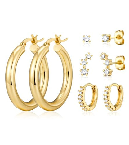wowshow Gold Hoop Earrings for Women Chunky Hoops 14K Gold Plated Thick Hollow Tube Lightweight Earrings for Mother Birthday Gifts 20/25/30/40/50MM - color: Gold-30mm+8mm+stud