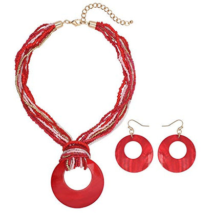 Coiris Multi Strand Statement Colorful Beaded Necklace with Big Circle Shell Pendant for Women - color: Red