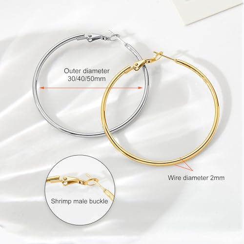 4 Pairs Silver Gold Hoop Earrings for Women | 14K Gold Plated Hoop Earrings Set Hypoallergenic Earring Lightweight Dangle Earrings Set - color: 6 Pairs Silver+Gold-30/40/50mm