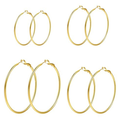 4 Pairs Silver Hoop Earrings for Women 30/40/50/60mm | Hypoallergenic, Stainless Steel, Big Thin Lightweight, Dangle Set - color: 4 Pairs Gold-30/40/50/60mm