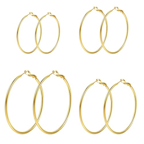 4 Pairs Silver Hoop Earrings for Women 30/40/50/60mm | Hypoallergenic, Stainless Steel, Big Thin Lightweight, Dangle Set - color: 4 Pairs Gold-30/40/50/60mm