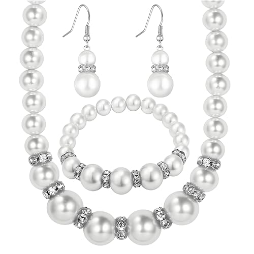 Big Faux Pearls Necklace Bracelet Earrings Set for Women Elegant Charm Chunky Pearls Necklaces Handmade Vintage Simulated Pearl Necklaces Set Round White Pearl Costume Jewelry 70s 80s Accessories Brides Wedding Gift - color: white
