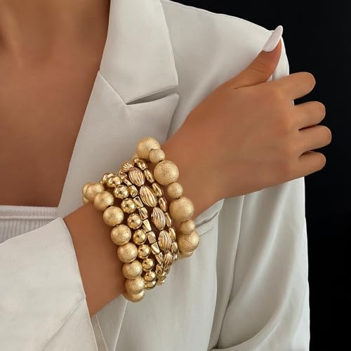 KISS WIFE Gold Beaded Bracelets for Women, Stackable Stretch Bracelet Set | 13 stretch bracelets combine polished gold-tone beads and faux pearls for stacked or individual everyday styling. - color: Gold Matte