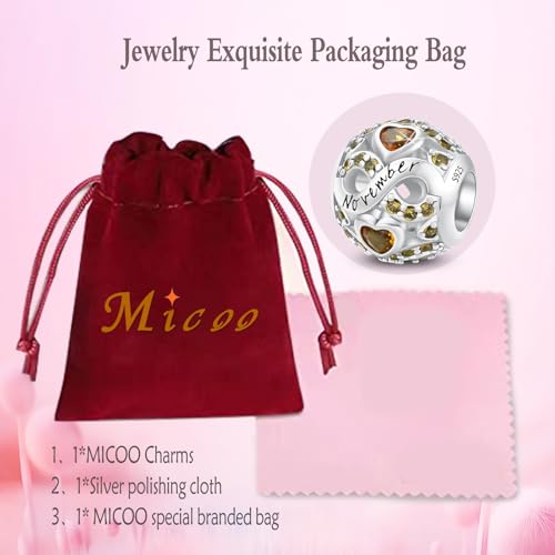 MICOO 925 Sterling Silver Jan-Dec Birthstone Charms For Bracelets and Necklaces, Original DIY Bead Charms With Cubic Zirconias Jewelry Birthday Gifts For Women. - color: 92-11Nov Birthstone charm