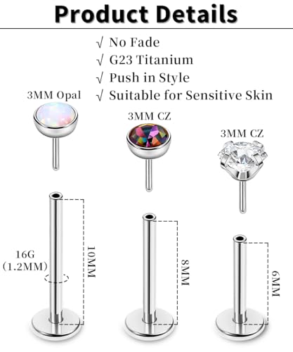 16G 18G 20G 3PCS G23 Titanium Push in Labret Monroe Stud Threadless Lip Ring Opal CZ Nose Stud Pure Titanium for Sensitive Skin Cartilage Helix Tragus Earrings Stud 6MM 8MM 10MM - style: 16G-Sliver