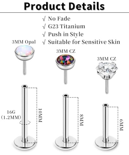 16G 18G 20G 3PCS G23 Titanium Push in Labret Monroe Stud Threadless Lip Ring Opal CZ Nose Stud Pure Titanium for Sensitive Skin Cartilage Helix Tragus Earrings Stud 6MM 8MM 10MM - style: 16G-Sliver