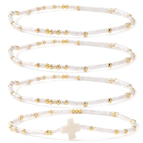 Christian Cross Christmas Stackable Seed Beaded Bracelets for Women, Boho Colorful Healing Stretch Accessories God Christ Pray Faith Amulet Jewelry, Daily Party Holiday Friendship Gift - color: White