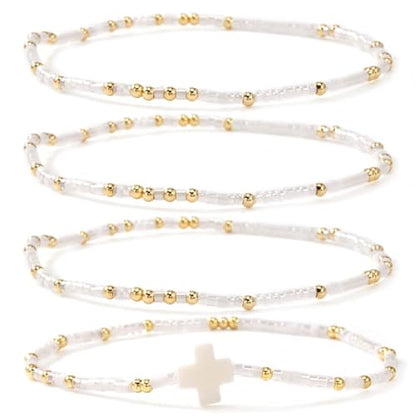 Christian Cross Christmas Stackable Seed Beaded Bracelets for Women, Boho Colorful Healing Stretch Accessories God Christ Pray Faith Amulet Jewelry, Daily Party Holiday Friendship Gift - color: White