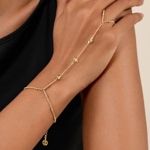 Cicy Bell Hand Chain Bracelets for Women 18K Gold Plated | Layered Stackable Dainty Ring Bracelets, Adjustable Satellite Bead Dot Link Finger Bracelets - color: Style L-Gold