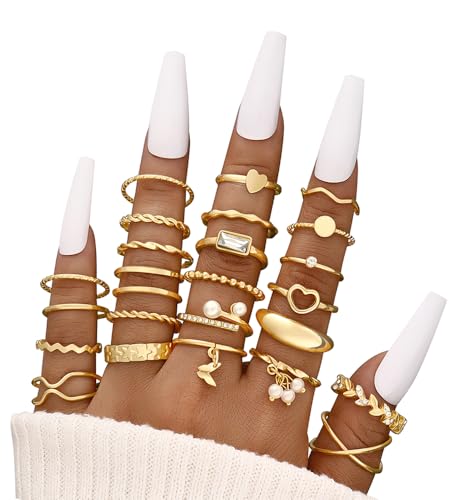 iF YOU 25 Pcs Gold Stackable Ring Set for Women, Chunky Knuckle Finger Midi Rings, Silver Simple Stacking Cute Rings Pack Trendy Stuff Jewelry Gift - style: 24 Gold pearl heart rings