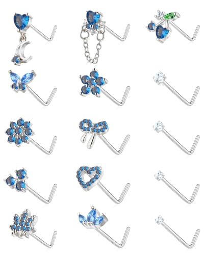 BSJ4U Nose Rings L Shaped for Women Nose Piercings 20G Surgical Stainless Steel Nose Studs CZ Heart Butterfly Flower Cherry Bow Moon Dangle Nose Piercing Jewelry - color: Silver Blue Nose Rings