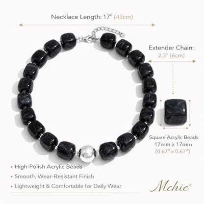 Mchic Colorful Beaded Choker Necklace for Women: Boho Large Square Acrylic Beaded Necklace Stainless Steel Adjustable Surfer Beach Strand Necklaces Summer Handmade Jewelry Gift for Women - color: Black-Silver