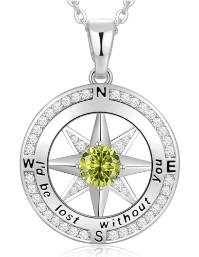 Peeshow Compass Birthstone Necklace for Women Wife, S925 Sterling Silver Gift for Wife Wedding Anniversary Birthday Gifts for Women Jewelry for Her Girlfriend I'd be Lost without You - style: 08-Aug-Peridot