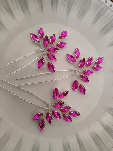 Wedding Party Hair Pins for Brides Crystal Leaf Bridal Shower Headpieces Bridesmaid Honeymoon's Photography Headpieces(set of 3),Fuchsia - color: Fuchsia