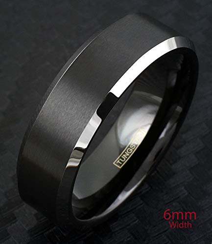 Classic Modern Minimalist 6mm/8mm Brushed Satin Finish Black Tungsten Carbide Band Ring w/Brilliant Polished Silver Beveled Edges feat. Comfort Fit Inner Band.