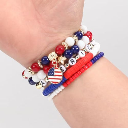 Ardorchid Halloween Bracelets for Women Pumpkin Ghost Steleton Bat Skull Beaded Stackable Stretchy Bracelet Rugby Thanksgiving Christmas Heishi Bracelets - color: USA Flag Bracelets-C