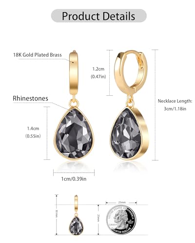 Crystals Teardrop Dangle Drop Earrings, 18K Gold Plated Hoop Earrings Zirconia Jewelry for Women Gifts - color: Grey