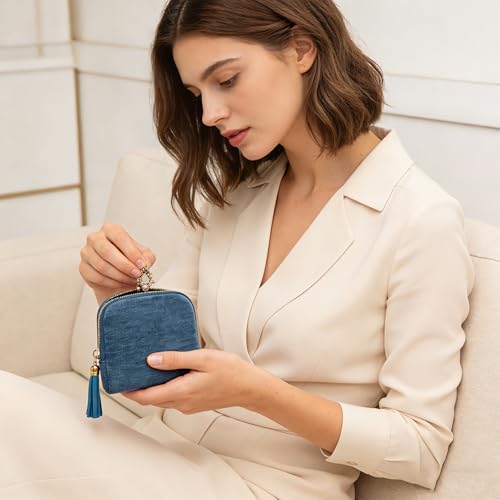Women's Coin Purses Velvet Mini Travel Jewelry Case Bag with Tassel - color: A-Lake Blue