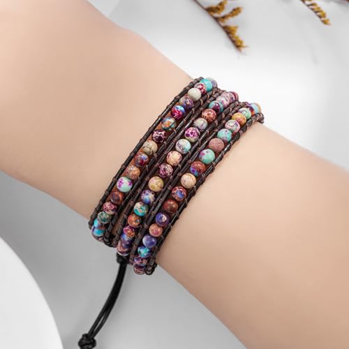 Plumiss Women Boho Handmade Natural Stone Crystal Leather Bead Wrap Bracelets Collection - style: 4mm Purple Blue Jasper