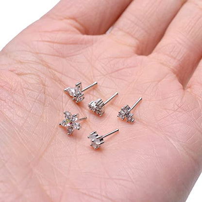 9Pcs Nose Rings Stud L Bone Screw Shaped Nose Ring Flower CZ Snowflake Butterfly Screw Nose Stud Body Piercing Jewelry for Women Men 20G Silver Gold Rose Gold Tone - color: D:Silver Tone&Bone Shaped