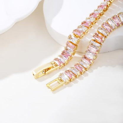 18K Gold Plated 5.0mm Pink Cubic Zirconia Tennis Bracelet|5.9-7.5in Multi-Size Classic Women's Tennis Bracelet - size: Duotone 6.7inches/17cm