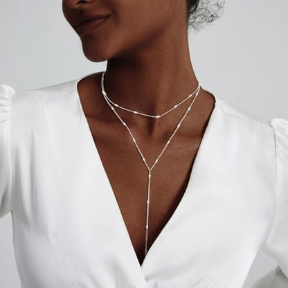 LULII Lariat Gold Necklace for Women Trendy Dainty 14k Gold Plated/Silver Layered Chain Drop Necklaces Y-Shaped Necklace Jewelry for Women Gifts - color: Y Layered necklace-Silver