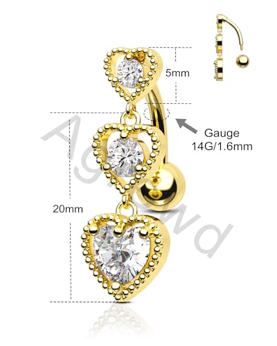 Triple Heart Dangle Belly Button Rings - 14G Reverse Navel Rings Dangly Cute Belly Piercing Jewelry - Stainless Steel - color: Yellow Gold