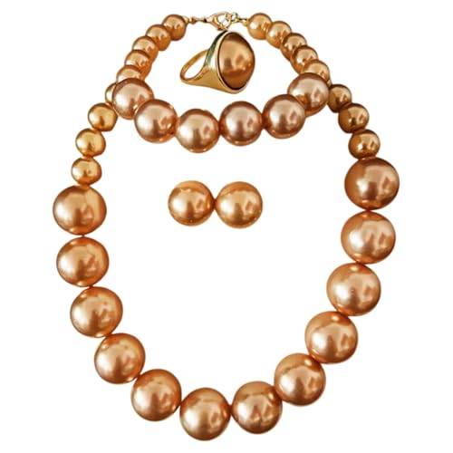 Large Big Simulated Pearl Adjustable Chain Necklace Bracelet Dangling Earrings Ring for Women Jewelry Set Imitation Dainty Elegant Wedding Party Birthday - color: champagne
