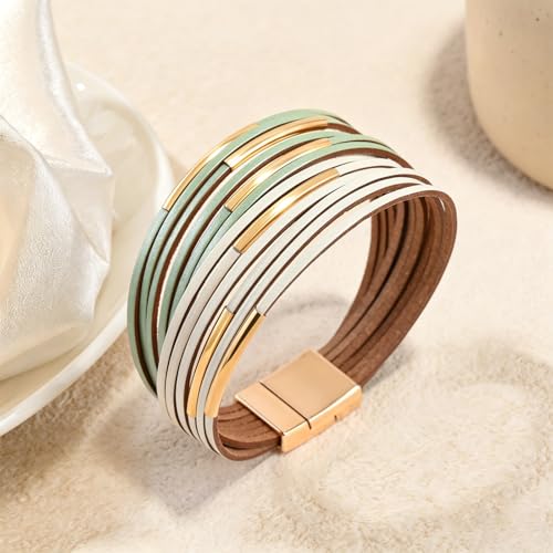 Wrapped Bracelets for Women,Leather Boho Bracelets for Women - color: Leather-LightGreen