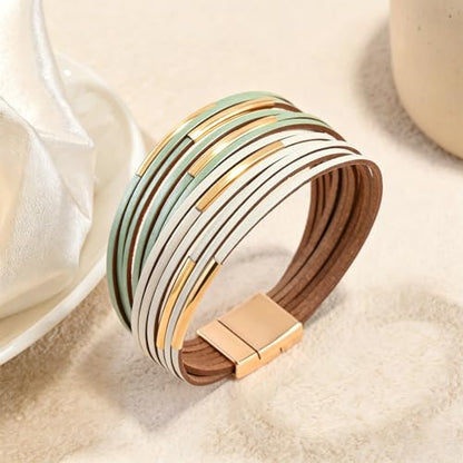Wrapped Bracelets for Women,Leather Boho Bracelets for Women - color: Leather-LightGreen