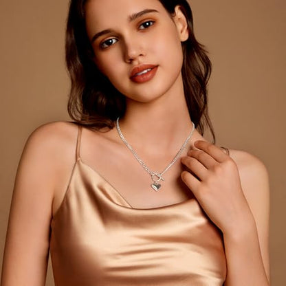 Zeffy 14K Gold/Silver Plated Chunky Thick Chain Toggle Clasp Necklace Dainty Baroque Pearl/Heart/Cross/Turquoise Pendant Necklace - color: Silver Small Heart Necklace