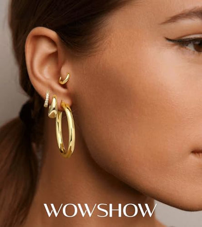 wowshow Gold Hoop Earrings for Women Chunky Hoops 14K Gold Plated Thick Hollow Tube Lightweight Earrings for Mother Birthday Gifts 20/25/30/40/50MM - color: Gold-40mm+11mm+8mm+6mm