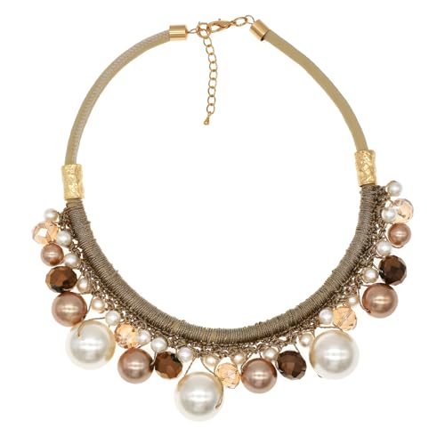 utop JNF Hand made Pearl Statement Necklace for Women Rhinestone Multilayer Crystal Necklaces Chunky Pearl Necklace Large Pearl Necklace and Earrings Set for Mother Mom's gift - color: champagne pearl necklace leather