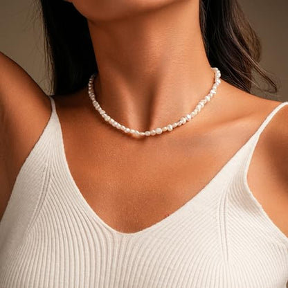 Natural Pearls Necklace, Freshwater Baroque Pearls Necklace for Women's Pearl Strand Choker Necklace 18K Gold Plated & S925 Sterling Silver Clasp White Necklace Chain - color: White, 5-6mm, 18KGP Lock