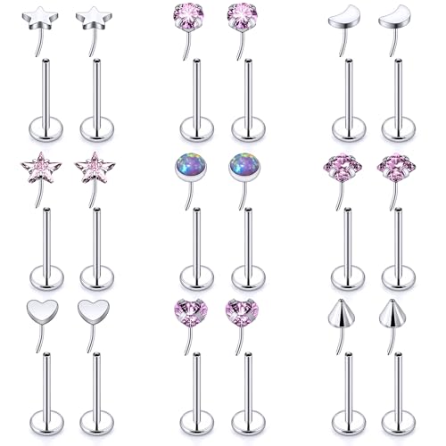 Threadless Noses Rings, Flat Back Earrings, 20/18/16g-Gauge 5/16in-Post 3mm-Top, Hypoallergenic Surgical Steel Medusa Lip Labret Cartilage Helix Tragus Conch Piercing Jewelry for Women Men - color: Pink, size: 20g*8mm