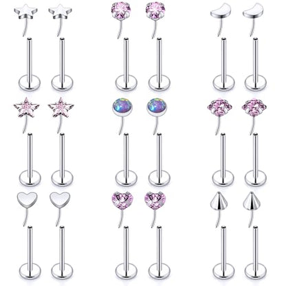 Threadless Noses Rings, Flat Back Earrings, 20/18/16g-Gauge 5/16in-Post 3mm-Top, Hypoallergenic Surgical Steel Medusa Lip Labret Cartilage Helix Tragus Conch Piercing Jewelry for Women Men - color: Pink, size: 20g*8mm