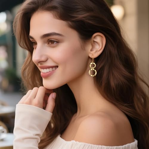 ALEXCRAFT Gold Hammered Double Circle Leverback Dangle Earrings | Hypoallergenic, Drop Handmade, Hammered Round, Minimalist Boho - color: A-14k Gold