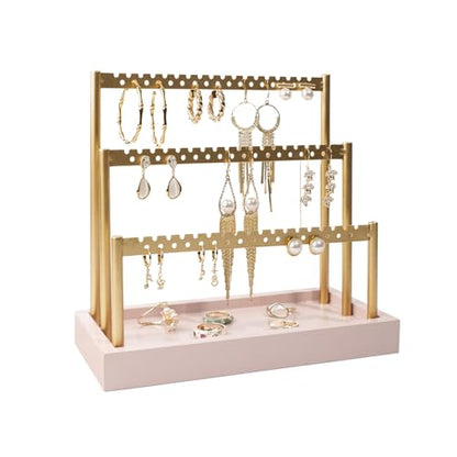 SANY DAYO HOME 3-Tier Earring Holder Organizer Stand, 105 Holes Gold Metal Earring Rack Jewelry Display Tree with Pink Wood Tray for Women and Girls - color: Gold Rack Pink Base