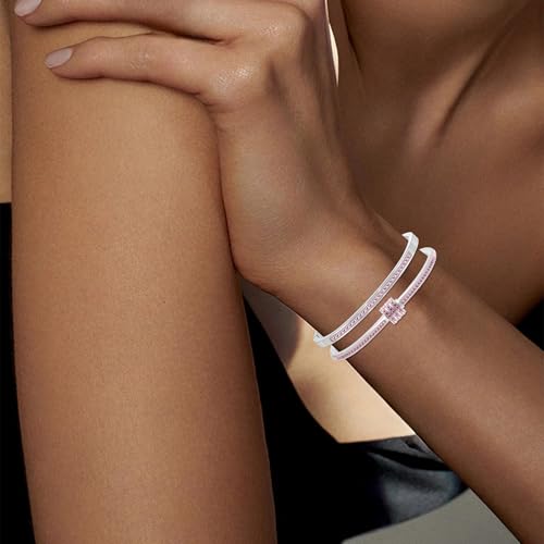 Camhanno Pink Heart Bangle Bracelets for Women - 18K Gold Plated Stackable Stainless Steel, Friendship & Love Jewelry Gift for Her - color: Silver+Pink