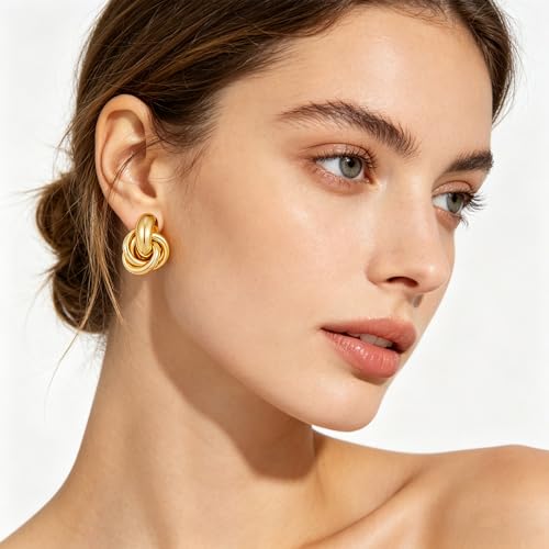 Gold Geometric Drop Dangle Earrings for Women Chunky Trendy Knot Stud Small Twisted Link Earring Jewelry Gift - color: A-Small Flower-Gold