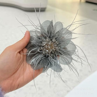 4" Crystal Feather Flower Brooch Pin for Women Girls Dainty Bright Satin Rhinestone Floral Brooches Lapel Hair Pins Elegant Wedding Cocktail Prom Party Hat Bag Suit Clothing Dress Accessories Jewelry Gift - color: Grey