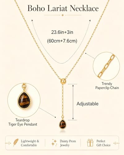 Lariat Gold Necklace for Women Dainty Long Necklaces 14k Gold Plated Tiger Eye Teardrop Pendant Y-Shaped Drop Necklaces for Women Trendy Gold Jewelry for Prom Vacation Gifts