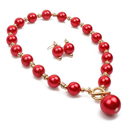 COLORFUL BLING Chunky Multicolor Simulated Pearl Choker Necklace Drop Dangle Earrings Bracelet Set Crystal Bib Big Large Round Beaded Strand for Women Brides Costume Statement 1920s Wedding Jewelry - color: Red
